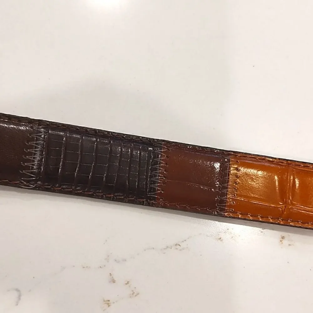 Leather Patchwork Reptile and Croc Embossed Belt Goldtone Buckle Size M Vintage